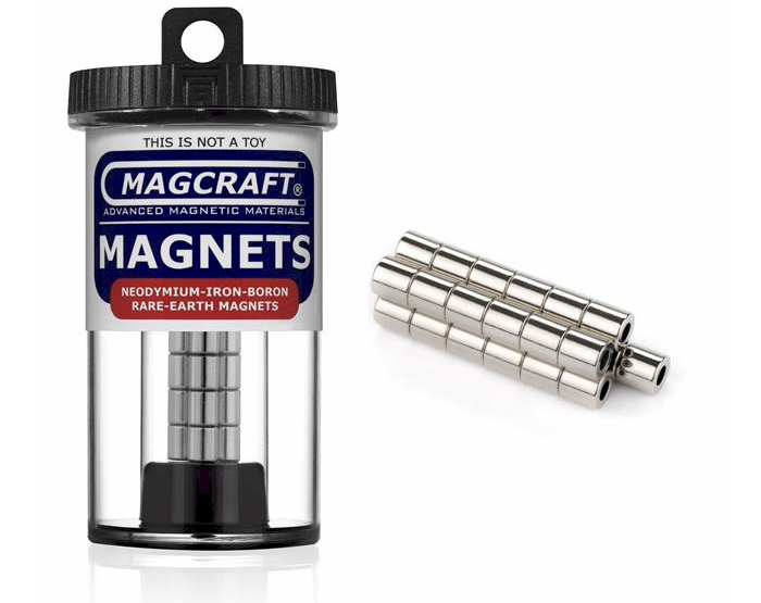 Rare-Earth Cylinder Magnets, 0.25 in. Outside Diameter x 0.125 in. Inside Diameter x 0.25 in. Long, 25-Count NSN0572, cylinder , magnets, magcraft, neodymium, rare earth